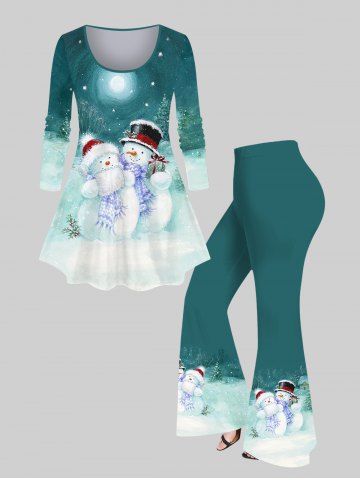 Plus Size Christmas Tree Hat Snowman Snowflake Moon Printed T-shirt and Flare Pants Outfit - DEEP GREEN