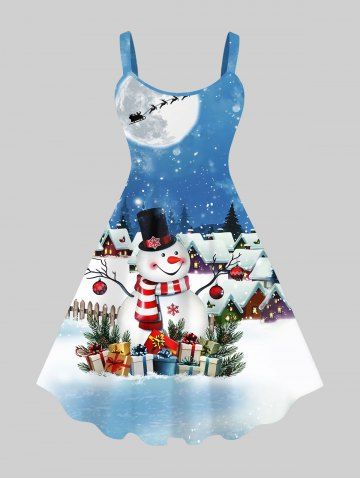 Plus Size Christmas Tree Ball Gift Snowman Snowflake Moon Print Tank Dress - LIGHT BLUE - 1X