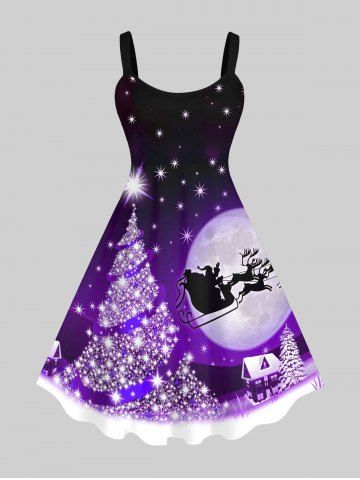 Plus Size Christmas Tree Elk Sled Santa Claus Moon Glitter 3D Print Tank Dress - PURPLE - XS