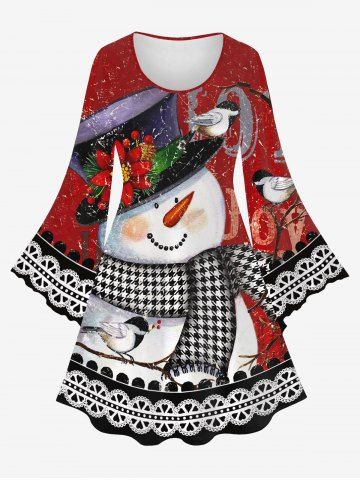 Plus Size Christmas Flower Snowman Bird Heart Print Bell Sleeves Dress - RED - 1X