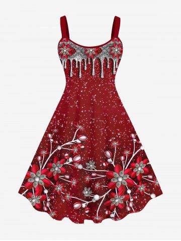Plus Size Christmas Flower Paint Drop Blobs Glitter 3D Print Tank Party Dress - DEEP RED - XS