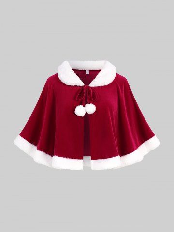 Plus Size Christmas Turndown Collar Fluffy Trim Fuzzy Ball Tied Two Tone Cape - RED - ONE SIZE