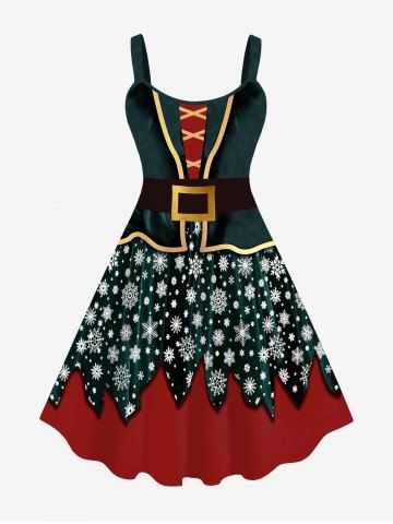 Plus Size Christmas Snowflake Colorblock Braided Buckle Belt 3D Print Tank Dress - DEEP GREEN - 3X