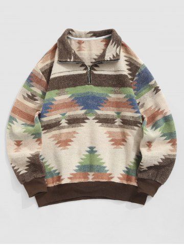 Quarter Zip Ethnic Aztec Print Woolen Sweatshirt