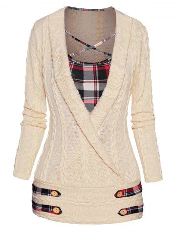 Twisted Knit Plaid Print Crossover Faux Twinset Sweater - LIGHT YELLOW - S