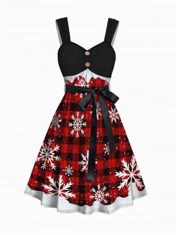 Christmas Snowflake Plaid Print Ruched Mock Button Belted Dress - RED - XL | US 10