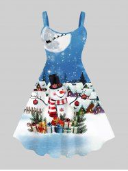 Plus Size Christmas Tree Ball Gift Snowman Snowflake Moon Print Tank Dress -  