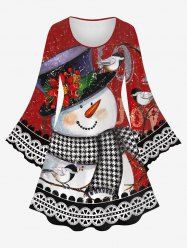 Plus Size Christmas Flower Snowman Bird Heart Print Bell Sleeves Dress -  
