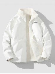 Men's Letter Printed Reversible PU Leather Fluffy Faux Sherpa Teddy Fleece Zip Fly Coat -  