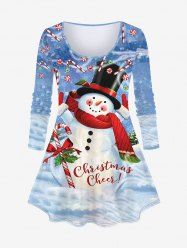 T-shirt grande taille imprimé bonhomme de neige et flocons de neige, motif bonbons de Noël - Bleu clair 1X