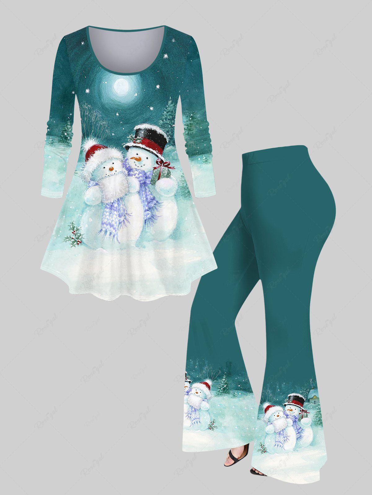 New Plus Size Christmas Tree Hat Snowman Snowflake Moon Printed T-shirt and Flare Pants Outfit  