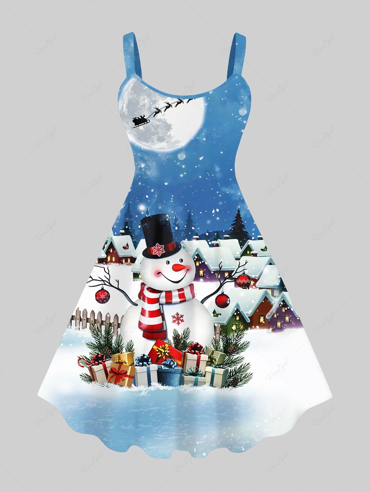 Online Plus Size Christmas Tree Ball Gift Snowman Snowflake Moon Print Tank Dress  
