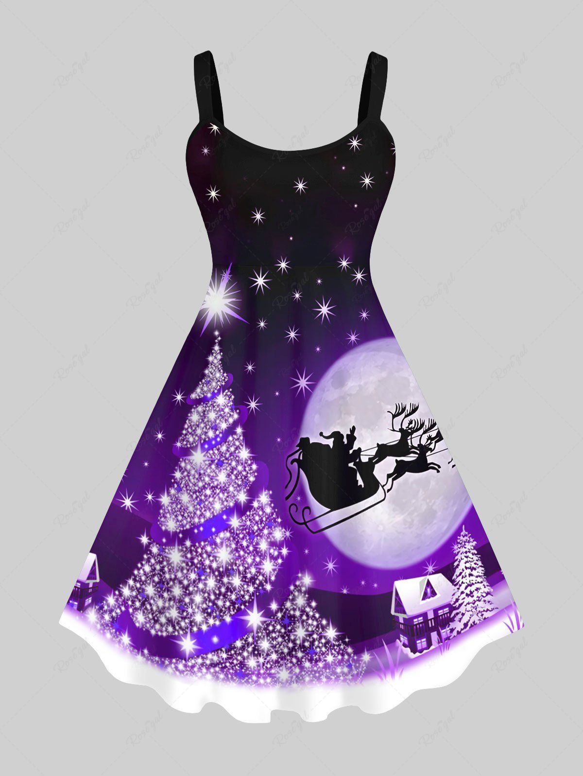 Trendy Plus Size Christmas Tree Elk Sled Santa Claus Moon Glitter 3D Print Tank Dress  