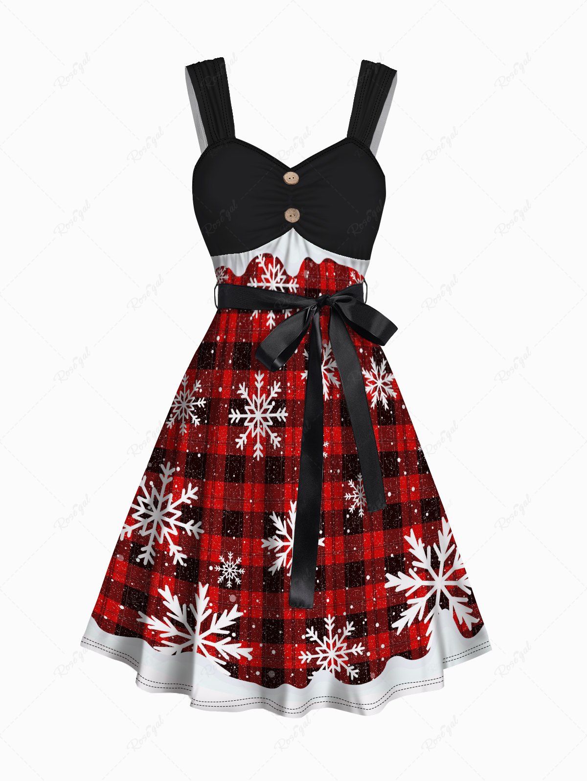 Robe de Noël Ceinturée Flocon de Neige à Carreaux Imprimé avec Bouton Rouge L | NOUS 8