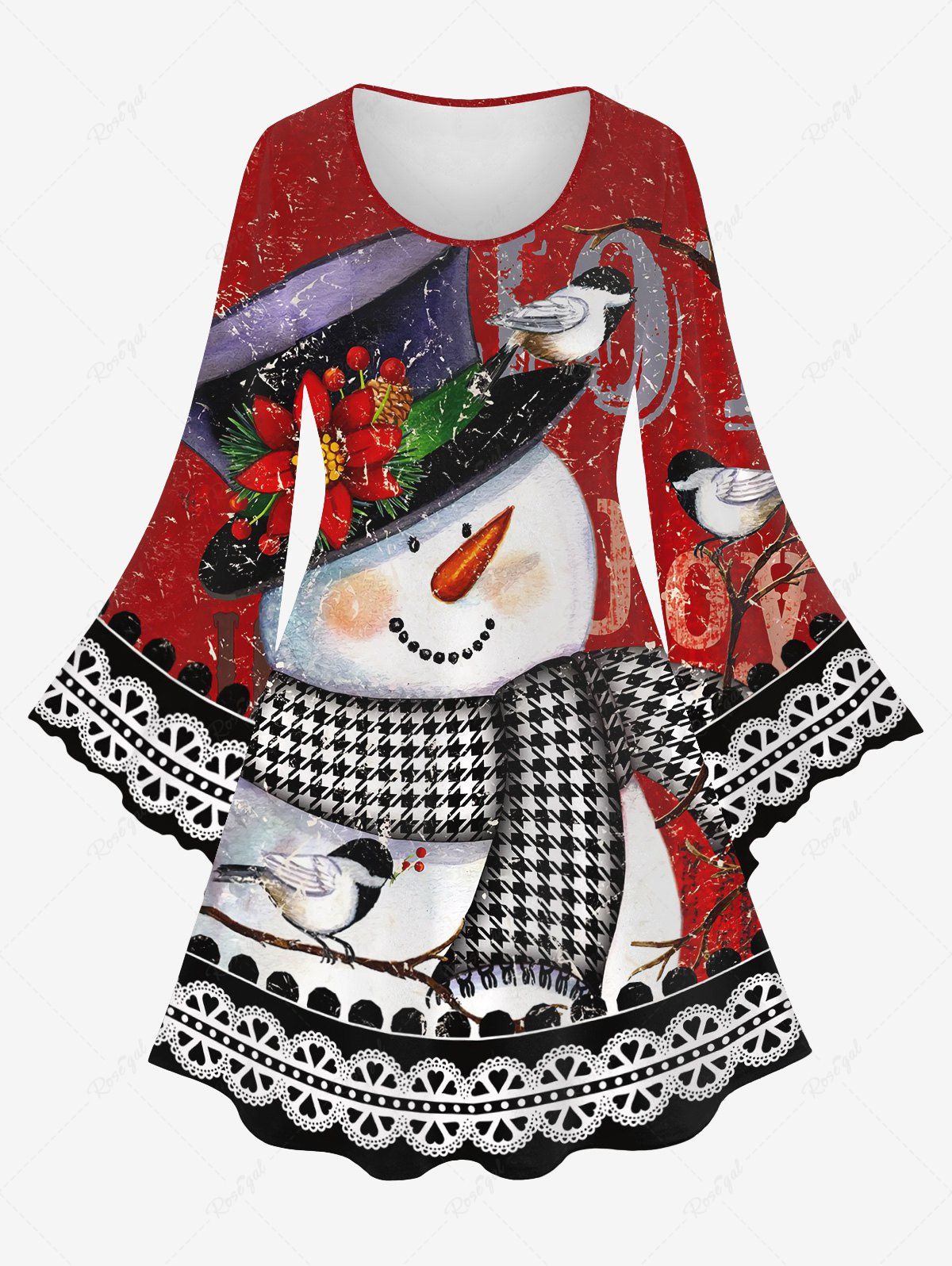 Robe de Noël Bonhomme de Neige Fleur Oiseau Imprimés à Manches de Cloche de Grande Taille Rouge M
