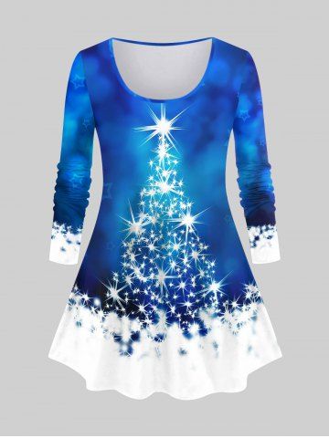 T-shirt 3D Etoile Sapin de Noël en Blocs de Couleurs Brillant Imprimé de Grande Taille - BLUE - XS