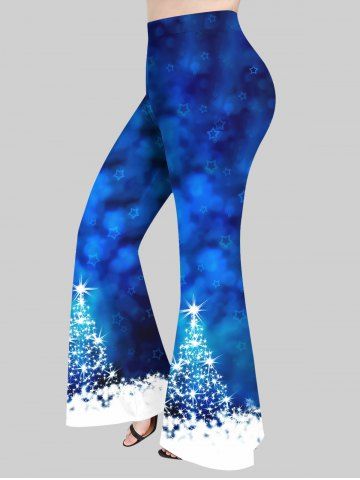 Pantalon Evasé 3D Etoile Sapin de Noël en Blocs de Couleurs de Grande Taille à Paillettes - BLUE - XS