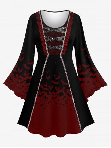 Halloween Vampire Costume Plus Size Bat Ruffles Glitter 3D Print Bell Sleeve Dress - DEEP RED - XS