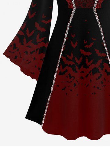 Halloween Vampire Costume Plus Size Bat Ruffles Glitter 3D Print Bell Sleeve Dress