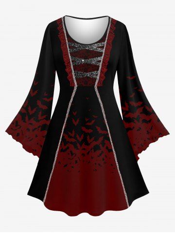 Halloween Vampire Costume Plus Size Bat Ruffles Glitter 3D Print Bell Sleeve Dress - DEEP RED - 2X