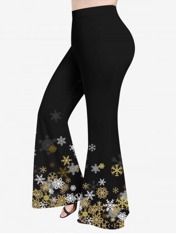Plus Size Colorful Snowflake Print Christmas Flare Pants - BLACK - 1X
