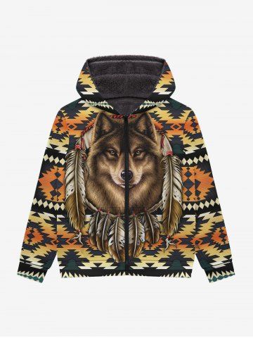 Gothic Wolf Feather Ethnic Graphic Print Zipper Fleece Hoodie For Men