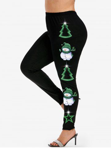 Plus Size Christmas Tree Snowman Star Glitter 3D Print Leggings - GREEN - 2X