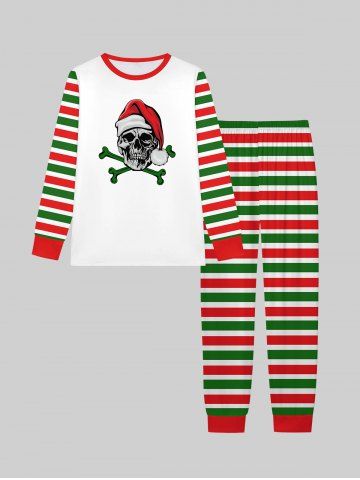 Gothic Christmas Hat Skull Colorblock Stripes Print T-shirt and Jogger Pants Pajama Set For Men - WHITE - S