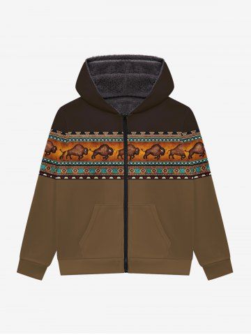Gothic Colorblock Ethnic Graphic Bull Print Zipper Fleece Hoodie For Men - MULTI-A - XL
