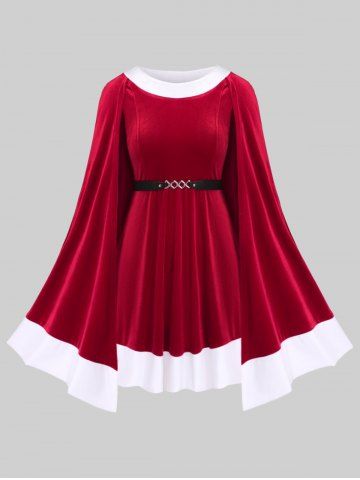Plus Size Christmas Patchwork Colorblock Buckle Cape Dress - RED - 2X | US 18-20