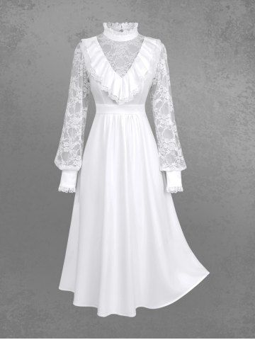 Gothic Floral Lace Panel Balloon Sleeves Ruffles Ruched Solid A Line Midi Dress - WHITE - M | US 10