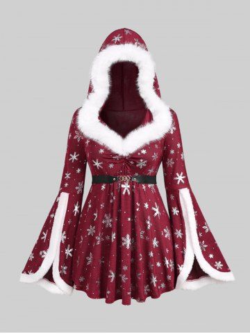 Plus Size Christmas Snowflake Print Faux Fur Ruched Belt Split Flare Sleeves Hooded T-shirt - DEEP RED - 4X | US 26-28