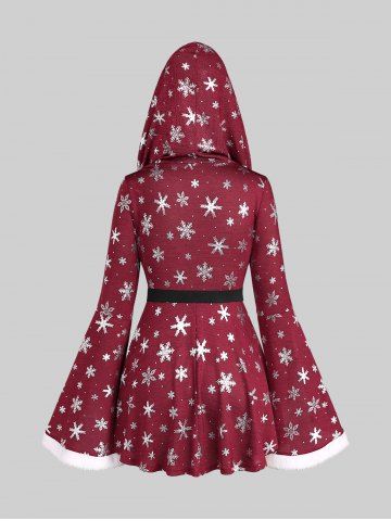 Plus Size Christmas Snowflake Print Faux Fur Ruched Belt Split Flare Sleeves Hooded T-shirt