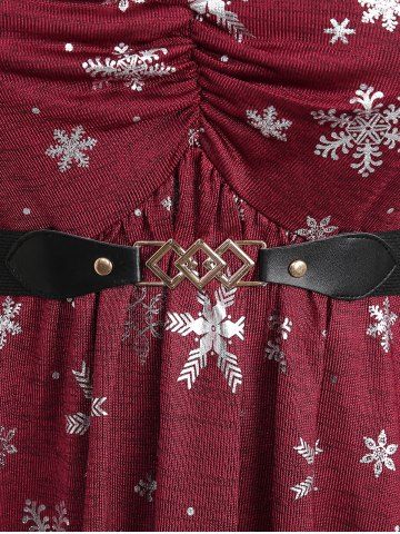 Plus Size Christmas Snowflake Print Faux Fur Ruched Belt Split Flare Sleeves Hooded T-shirt