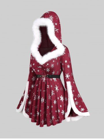 Plus Size Christmas Snowflake Print Faux Fur Ruched Belt Split Flare Sleeves Hooded T-shirt