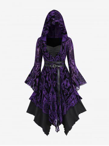 Plus Size Floral Graphic Print Lace Trim Ruched Heart Buckle Asymmetrical Flare Sleeves Hooded 2 In 1 Dress - CONCORD - 1X | US 14-16
