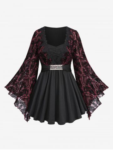 Plus Size Lace Applique Ruched Buckle Floral Mesh Flare Sleeves T-shirt - BLACK - M | US 10