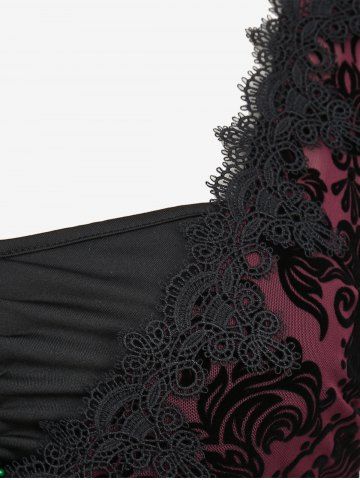 Plus Size Lace Applique Ruched Buckle Floral Mesh Flare Sleeves T-shirt