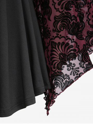 Plus Size Lace Applique Ruched Buckle Floral Mesh Flare Sleeves T-shirt