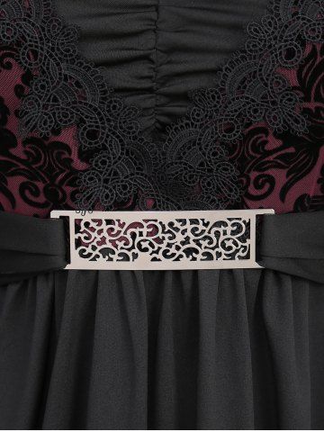 Plus Size Lace Applique Ruched Buckle Floral Mesh Flare Sleeves T-shirt