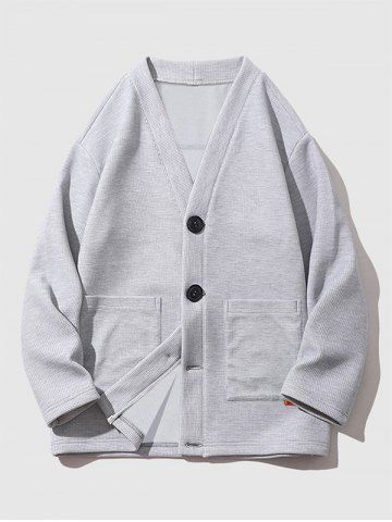 Men's Basic Minimalist Style Button Up V-neck Front Pocket Knitted Cardigan - LIGHT GRAY - M