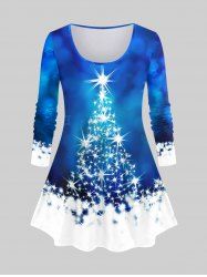 T-shirt 3D Etoile Sapin de Noël en Blocs de Couleurs Brillant Imprimé de Grande Taille - Bleu 3X