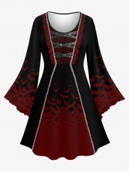 Robe D'Halloween Costume Chauve-souris et Vampire Imprimés Manches de Cloche de Grande Taille à Paillettes - Rouge foncé 6X