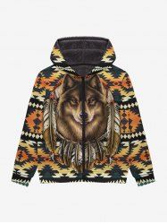 Gothic Wolf Feather Ethnic Graphic Print Zipper Fleece Hoodie For Men -  