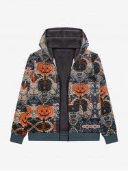 Gothic Halloween Skull Pumpkin Cat Print Zipper Fleece Hoodie For Men -  