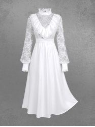 Gothic Floral Lace Panel Balloon Sleeves Ruffles Ruched Solid A Line Midi Dress -  