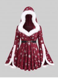 Plus Size Christmas Snowflake Print Faux Fur Ruched Belt Split Flare Sleeves Hooded T-shirt -  