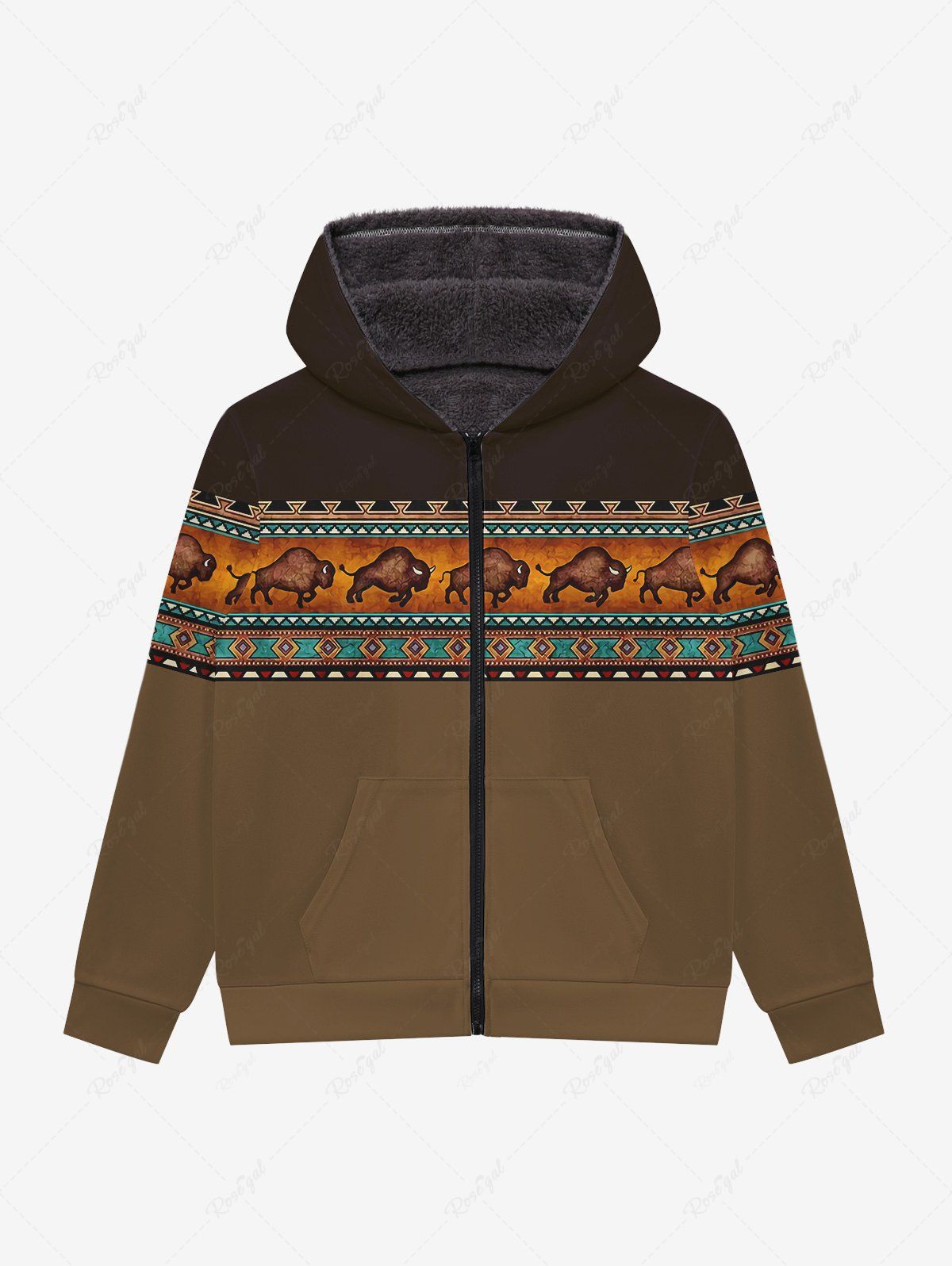 Affordable Gothic Colorblock Ethnic Graphic Bull Print Zipper Fleece Hoodie For Men  