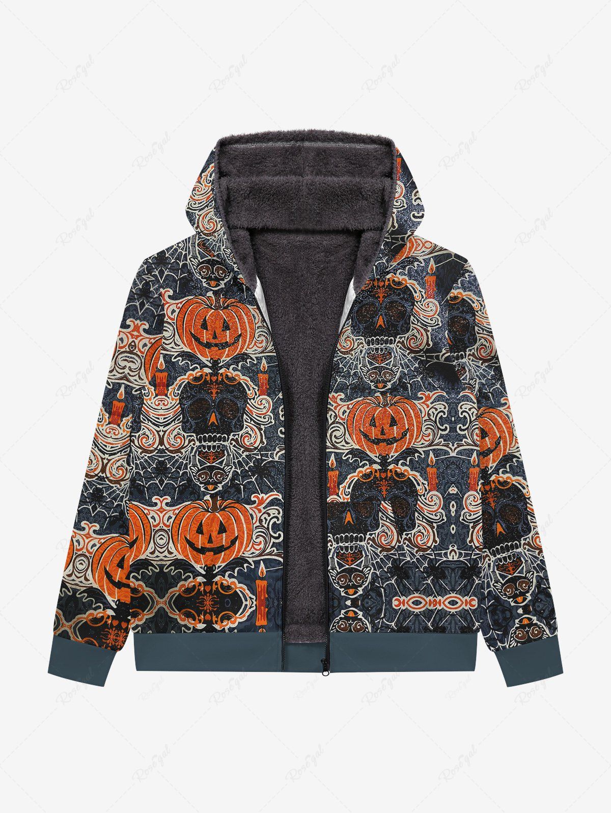 Trendy Gothic Halloween Skull Pumpkin Cat Print Zipper Fleece Hoodie For Men  