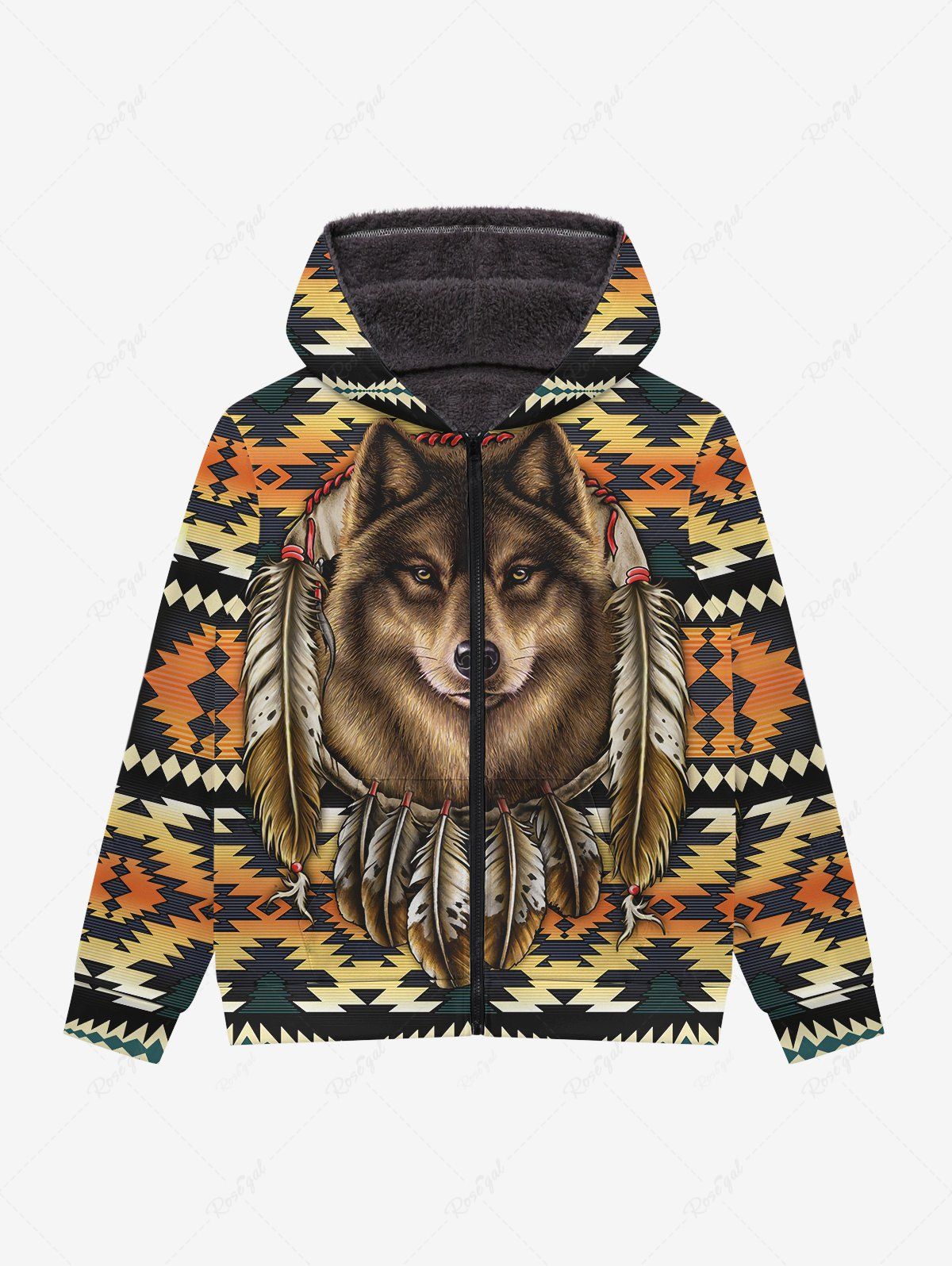 Hot Gothic Wolf Feather Ethnic Graphic Print Zipper Fleece Hoodie For Men  